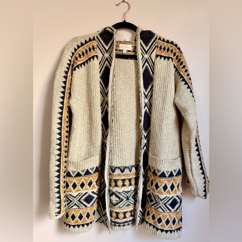 Lucky Brand Hooded Cardigan with Navy & Mustard Aztec Southwestern Pattern